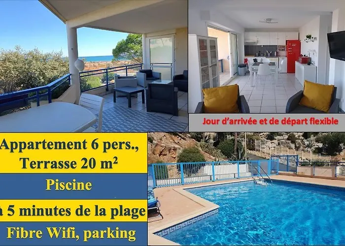 Plain-pied, Terrasse, Piscine, Pleine Vue Mer, A 6' A Pied, Parking, Wifi Apartment Fleury (Aude)
